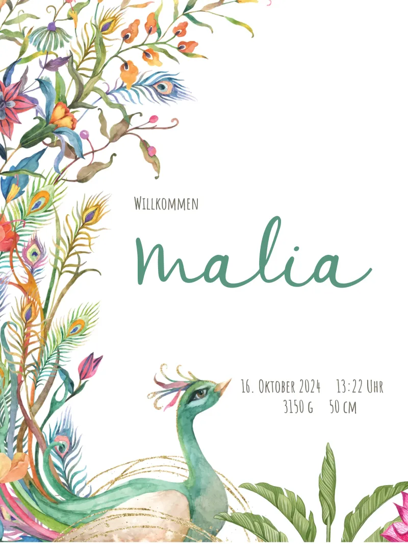Pfau - floral- Willkommen poster with plastic frame by Ohkimiko