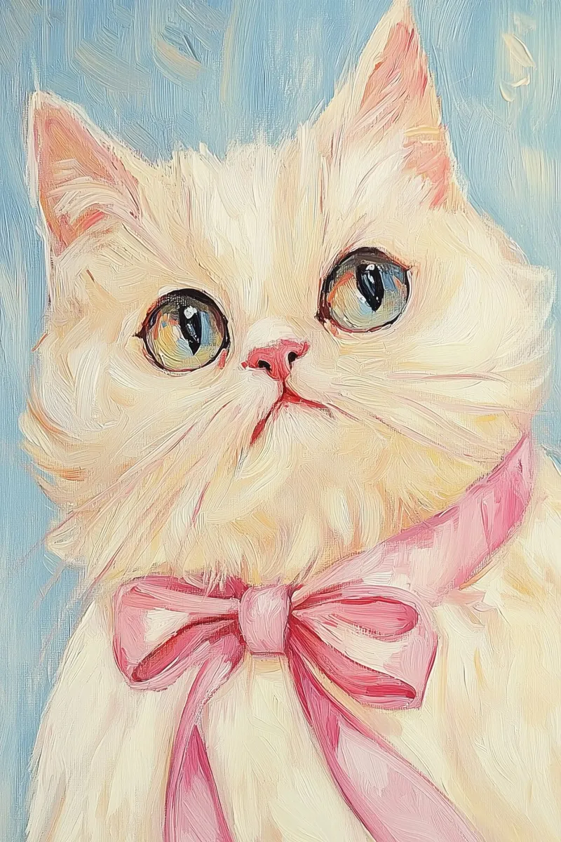 Gatto Bianco Fiocco Rosa poster con telaio in legno da Melloi Art Print