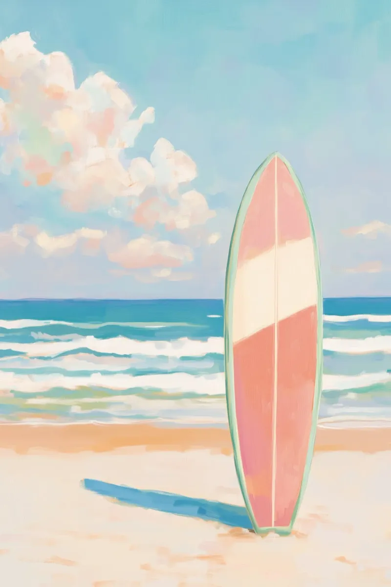 Tavola da surf sulla spiaggia poster con telaio in alluminio da Melloi Art Print