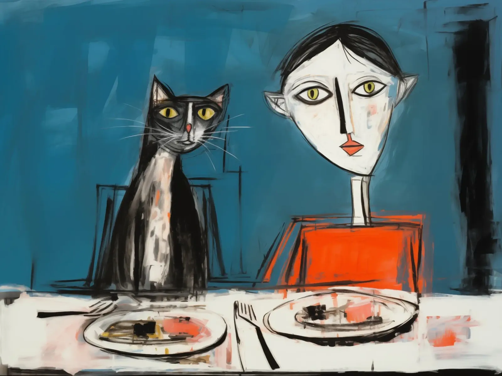Cat woman at the cat table | Funny painting for cat owners canvas with Floater frame by Autofocus