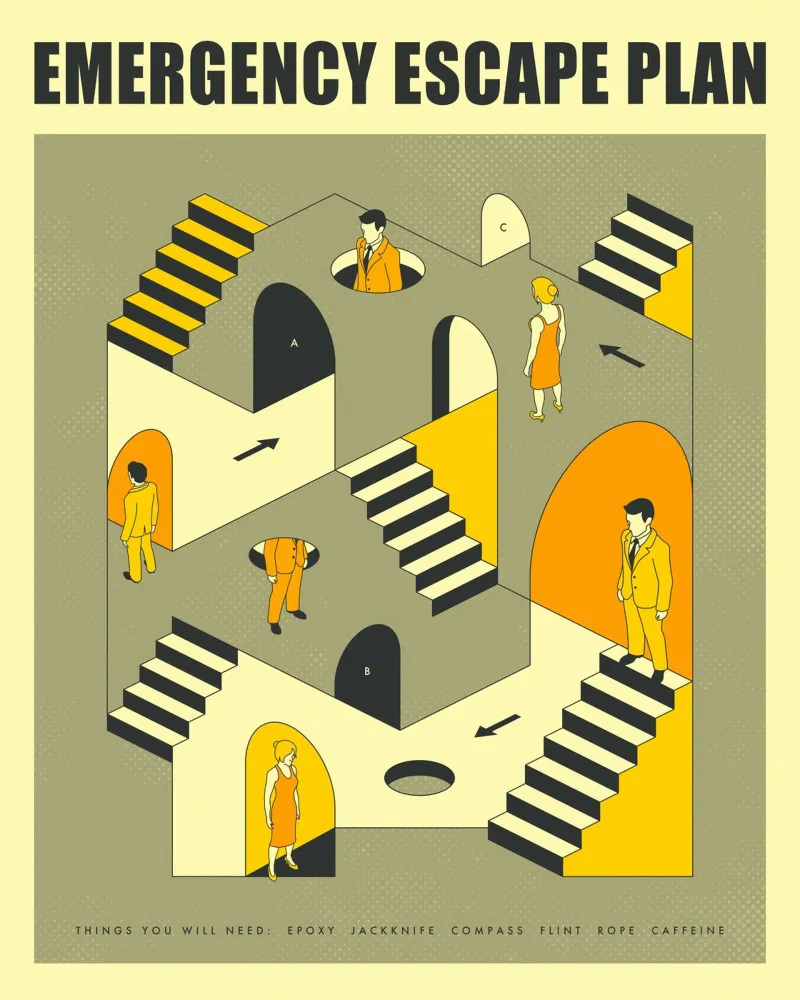 PIANO DI FUGA DI EMERGENZA poster con telaio in plastica da Jazzberry Blue