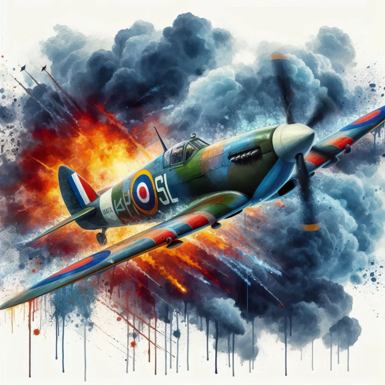 Spitfire at full speed drawn in watercolor with splashes poster by ARTVI-SHOP