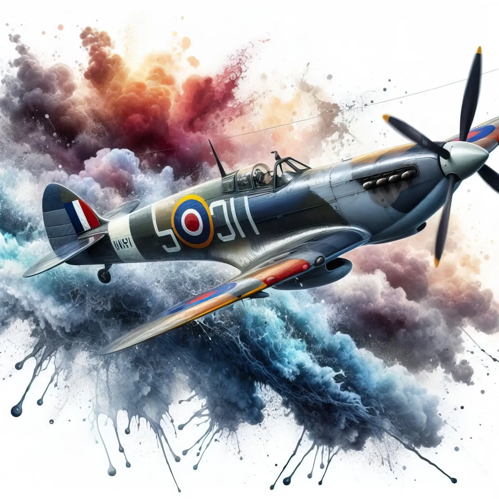 Spitfire a tutta velocità disegnato ad acquerello con schizzi pellicola backlit da ARTVI-SHOP