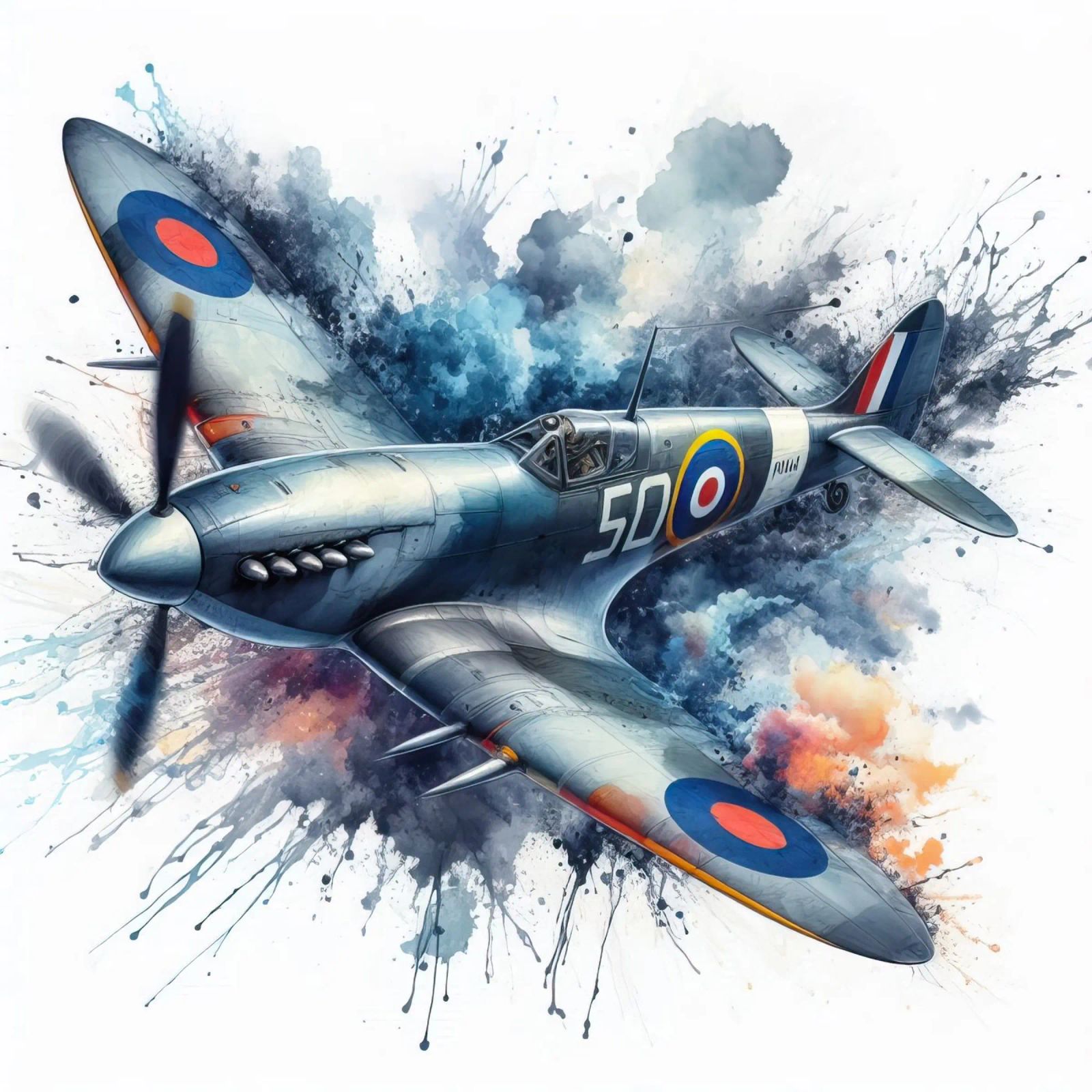Spitfire at full speed drawn in watercolor with splashes poster by ARTVI-SHOP