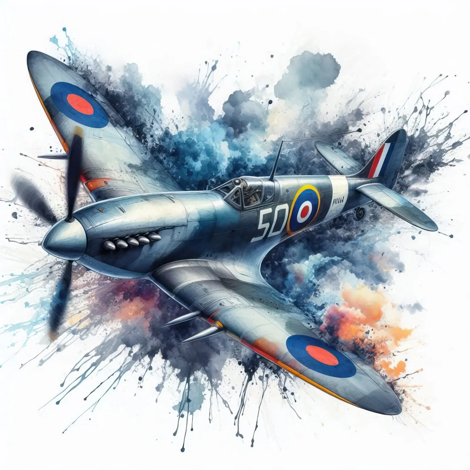 Spitfire a tutta velocità disegnato ad acquerello con schizzi tela da ARTVI-SHOP