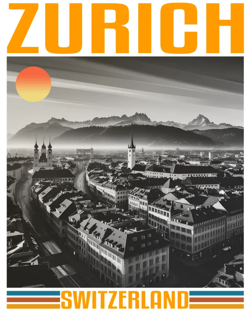panorama della città di zurigo 70's retro classic design poster con telaio in legno da theganduls