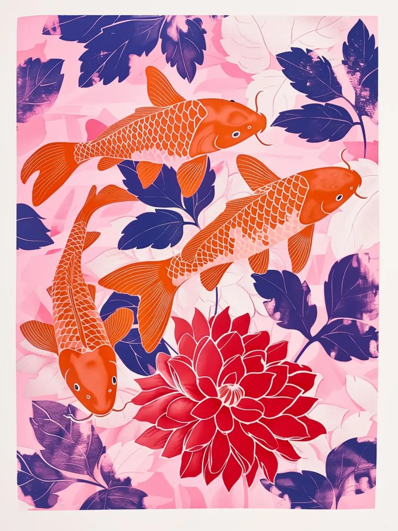 Koi arancioni nello stagno rosa | stile giapponese poster da Autofocus