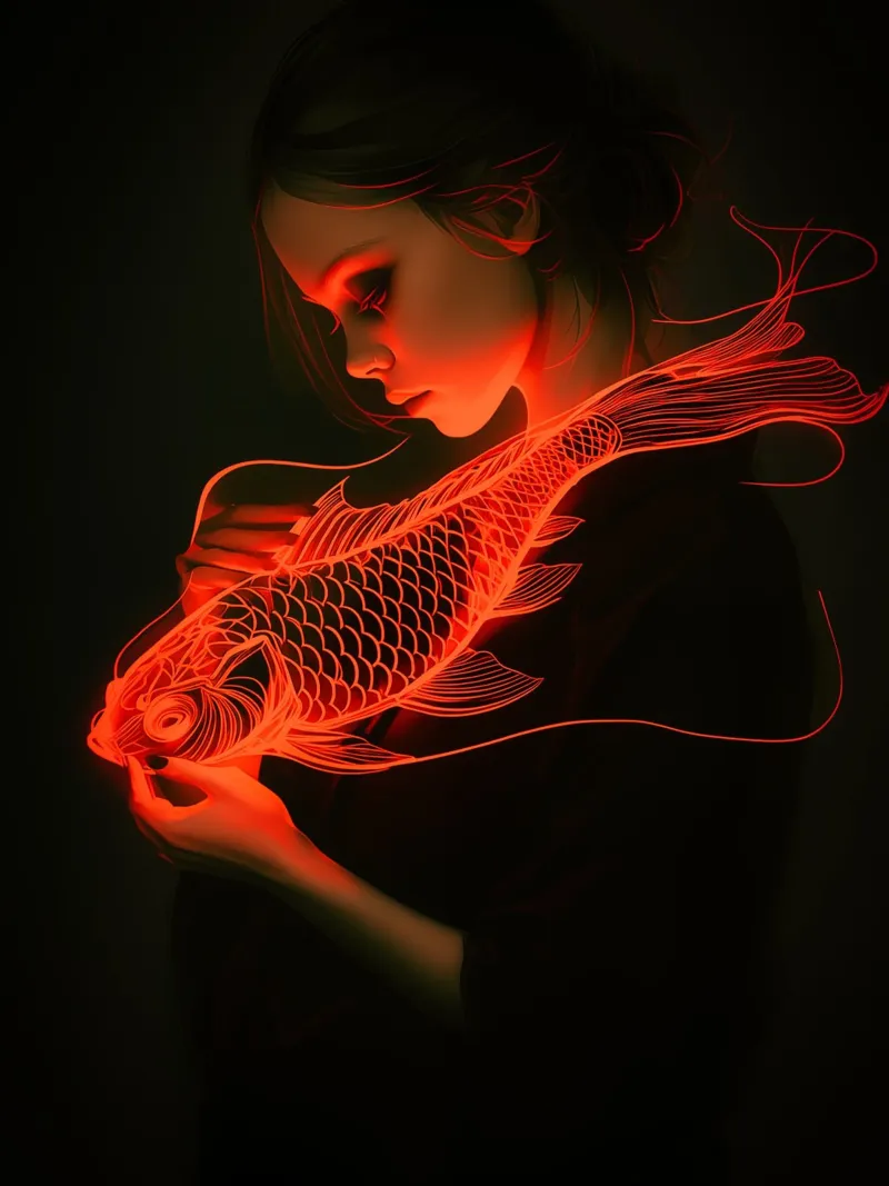 Koi-Geisha | Donna con pesce koi splendente tela con Cornice a cassetta da Autofocus