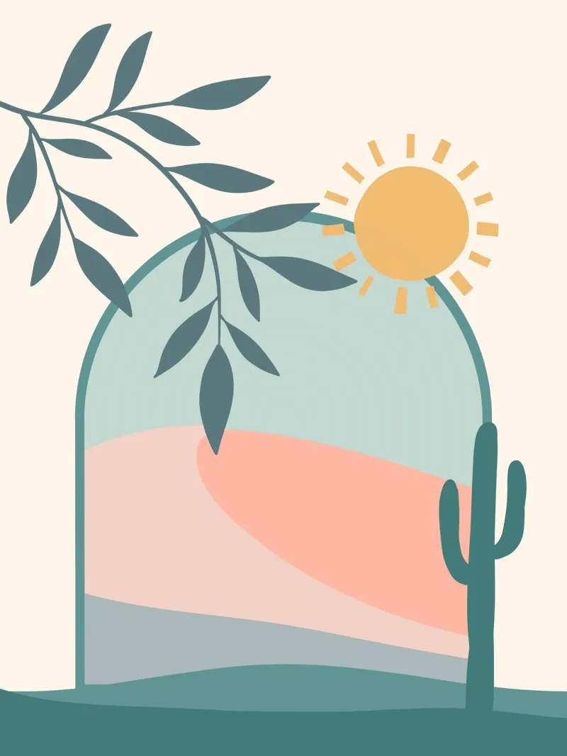 Serene landscape featuring a cactus and a bright sun pellicola backlit da LisaArtes
