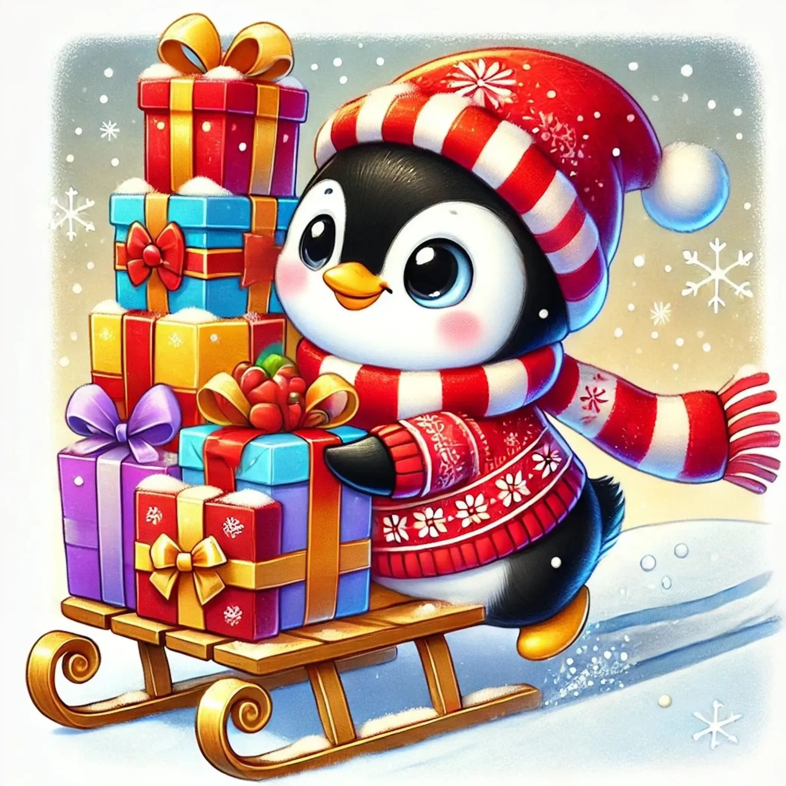 Il bottino di Natale del Pinguino poster con telaio in legno da FluffyToons