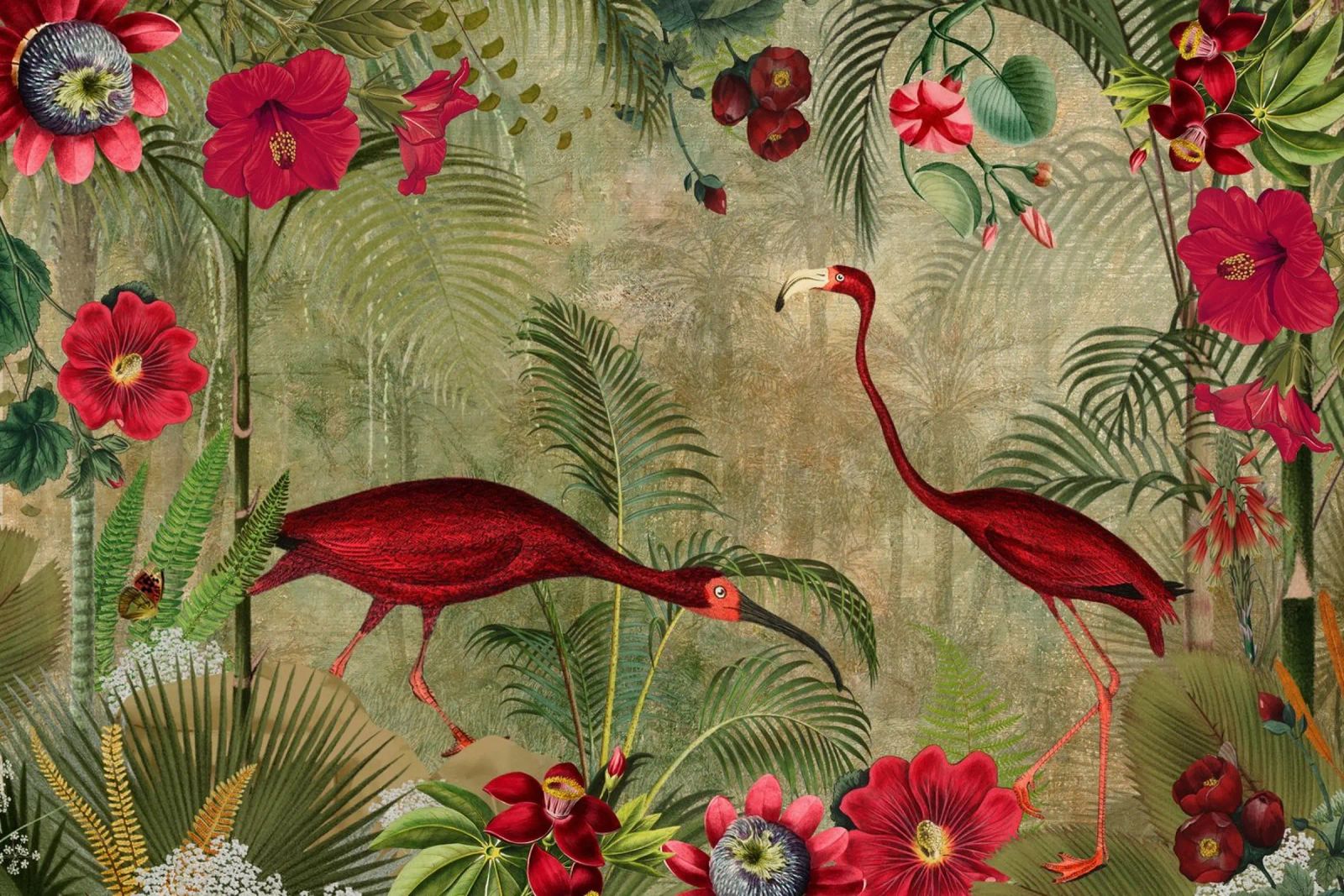 Flamants rouges vintage dans un paysage de jungle tropicale poster de Vintage World - Uta Naumann