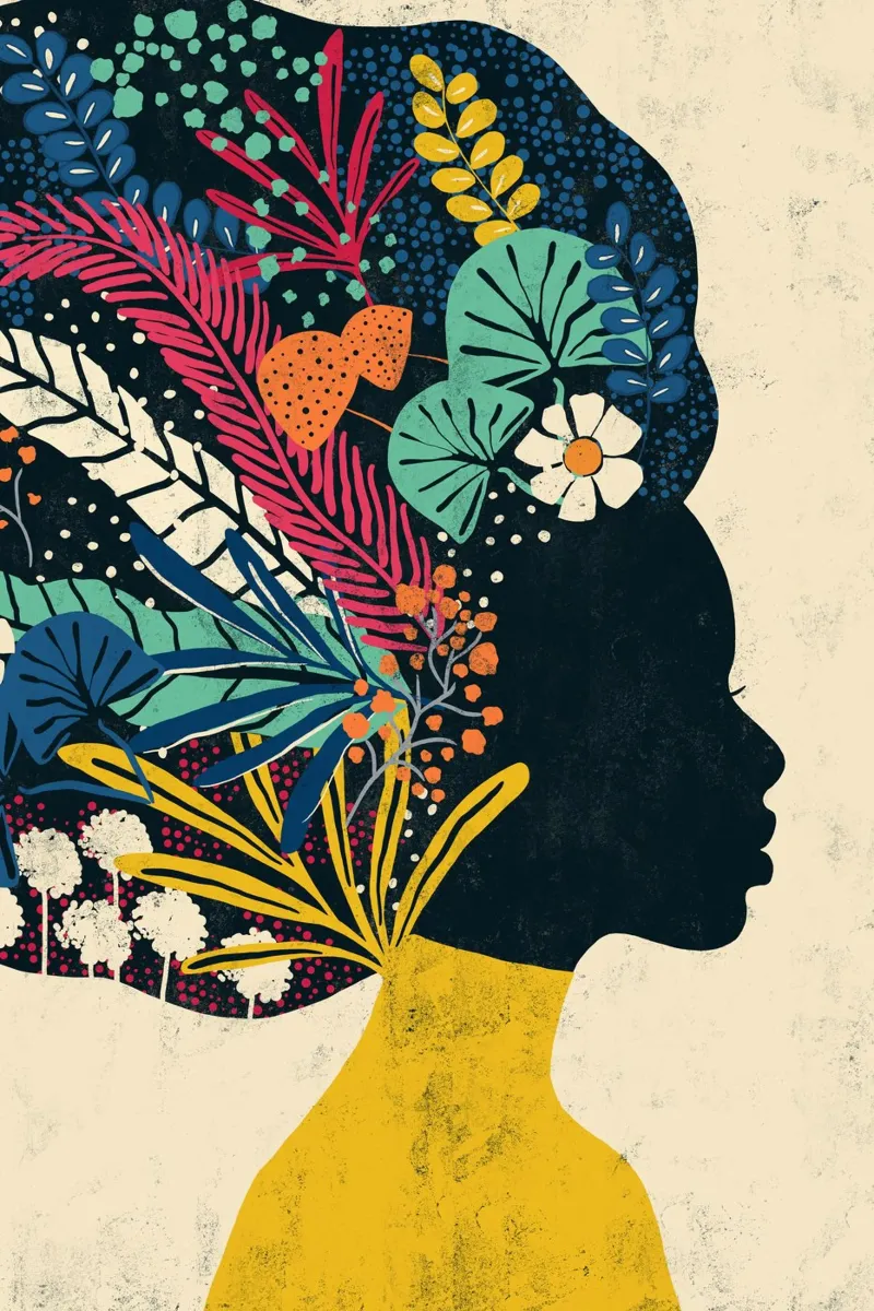 Cats & Dotz - Donna con fiori nei capelli afro alluminio dibond da The Artcircle