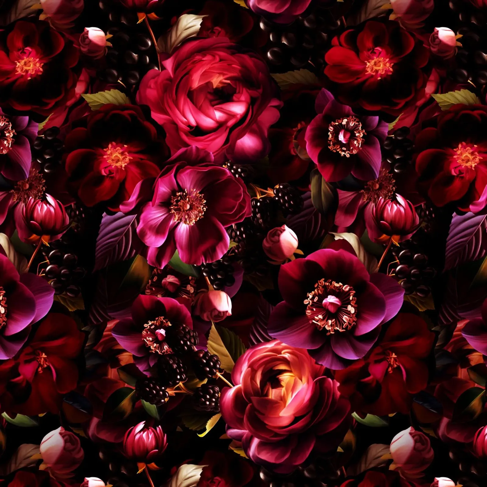 Anemoni scuri mistici vintage borgogna Rose bacche da giardino poster con telaio in legno da Flower Garden - Uta Naumann