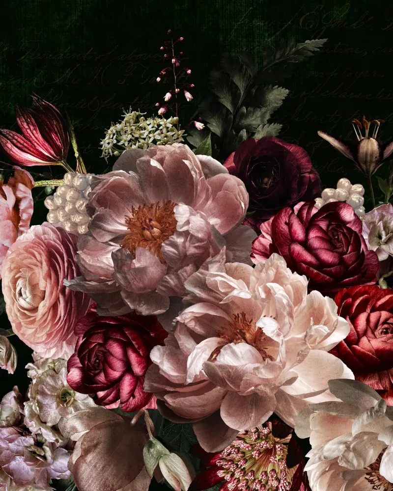 Composizione di Peonie Blush Rose Anemoni Su Nero poster con telaio in legno da Flower Garden - Uta Naumann