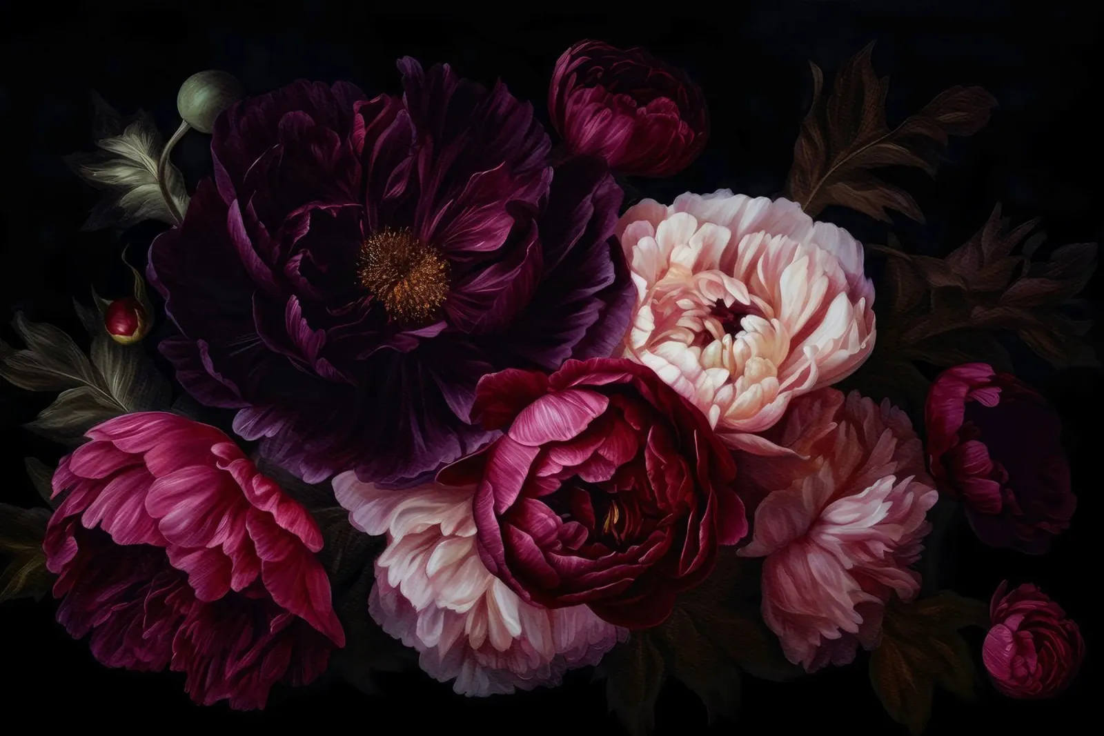 Bouquet vintage di peonie rosa e bordeaux in grassetto poster con telaio in plastica da Flower Garden - Uta Naumann