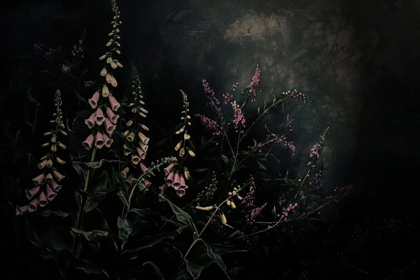 Middernacht Vintage tuin met handgeschilderde roze vingerhoedskruid canvas met Baklijst van Flower Garden - Uta Naumann