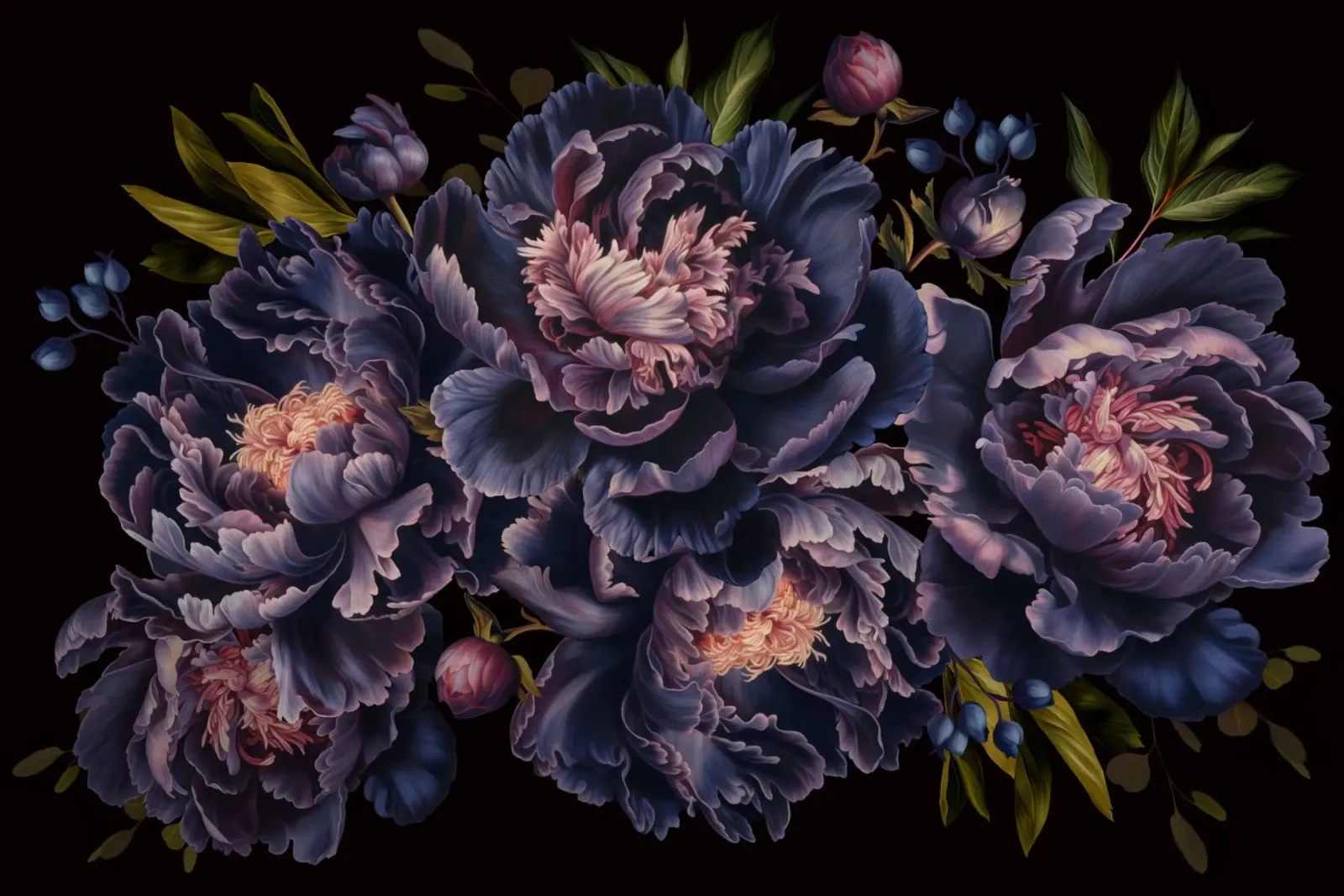 Giardino di peonie gotiche dipinte a mano in viola e borgogna poster con telaio in legno da Flower Garden - Uta Naumann