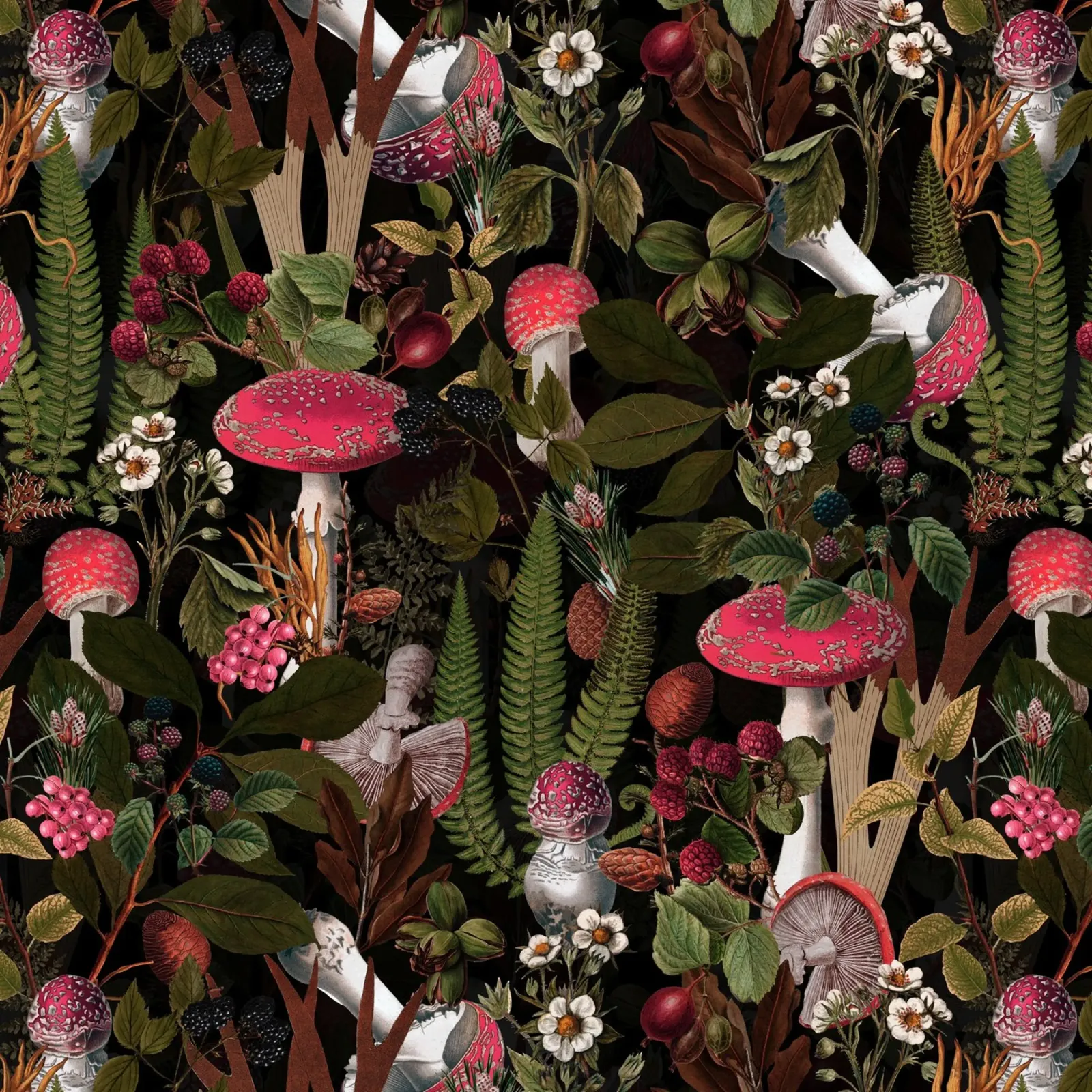 Vintage Fungo mistico scuro Foresta di mezzanotte poster con telaio in alluminio da Flower Garden - Uta Naumann