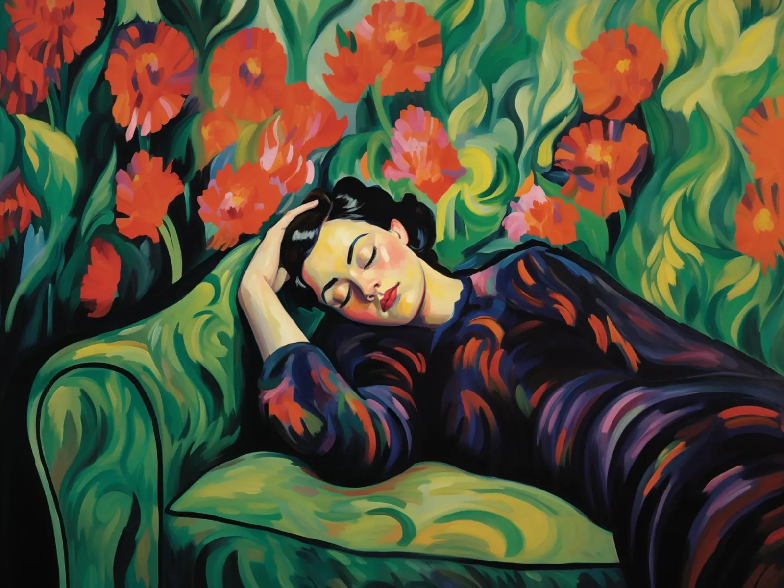 Mujer joven en el jardín de invierno | Fauvist Reverie lienzo con Marco flotante de Autofocus