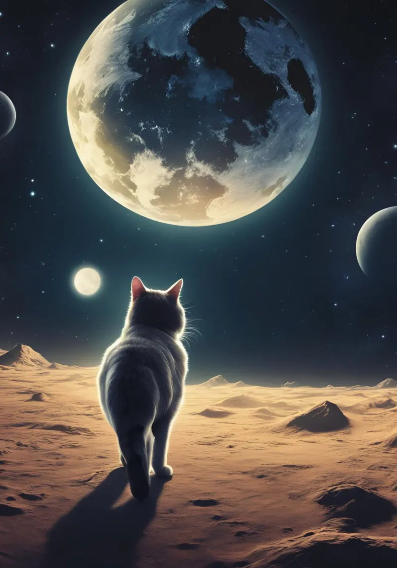 Katze auf dem Mond poster con telaio in alluminio da Poster Dreams