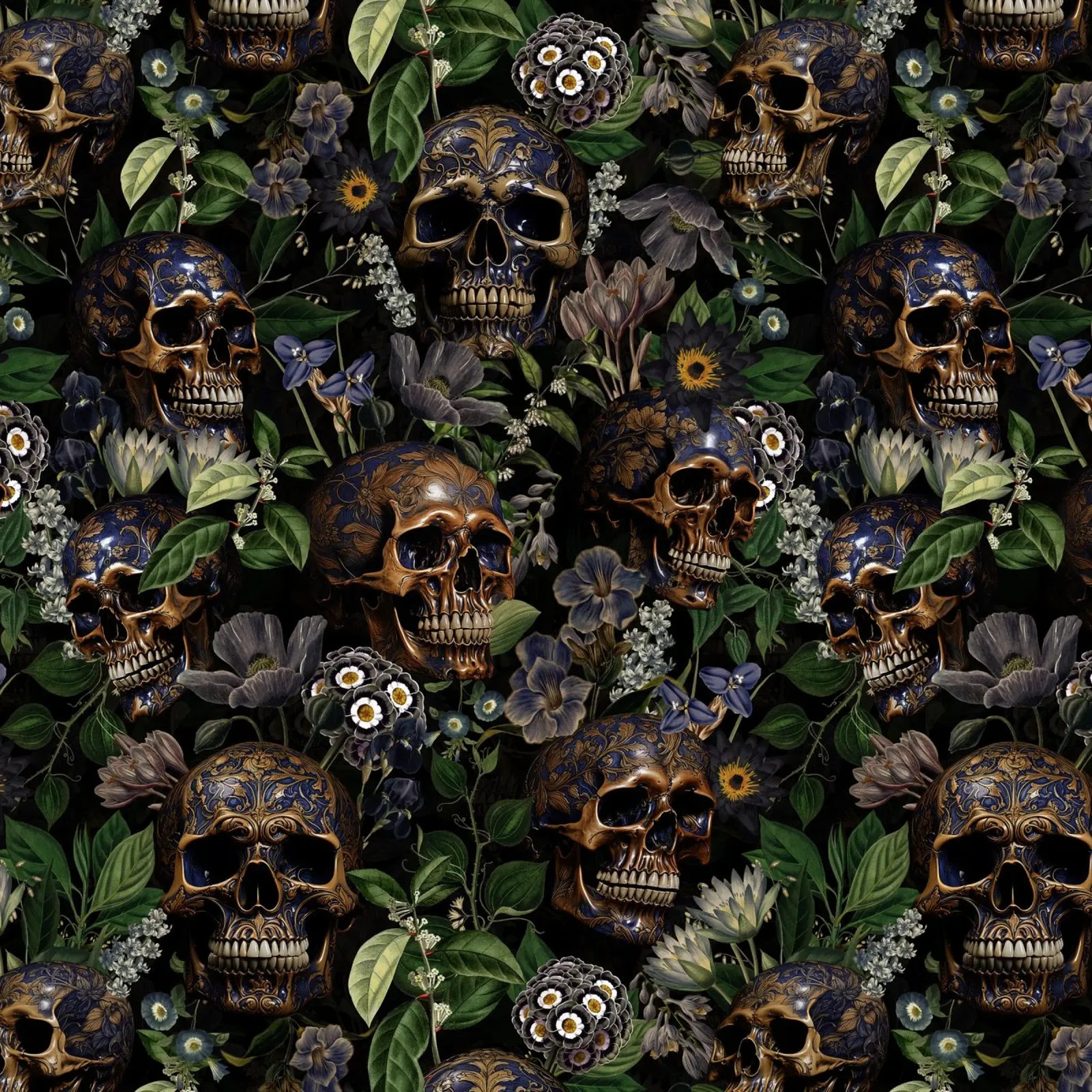 Vintage Dark Night Crânes et fleurs Midnight Garden poster avec cadre en plastique de Flower Garden - Uta Naumann