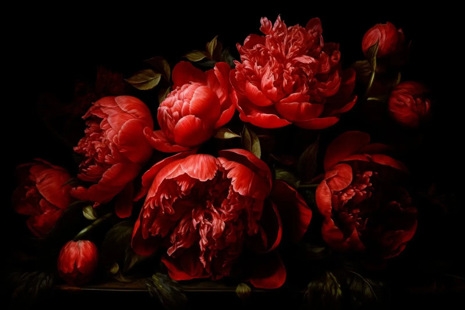 Composizione floreale di mezzanotte con peonie vintage rosso sangue scuro poster con telaio in plastica da Flower Garden - Uta Naumann