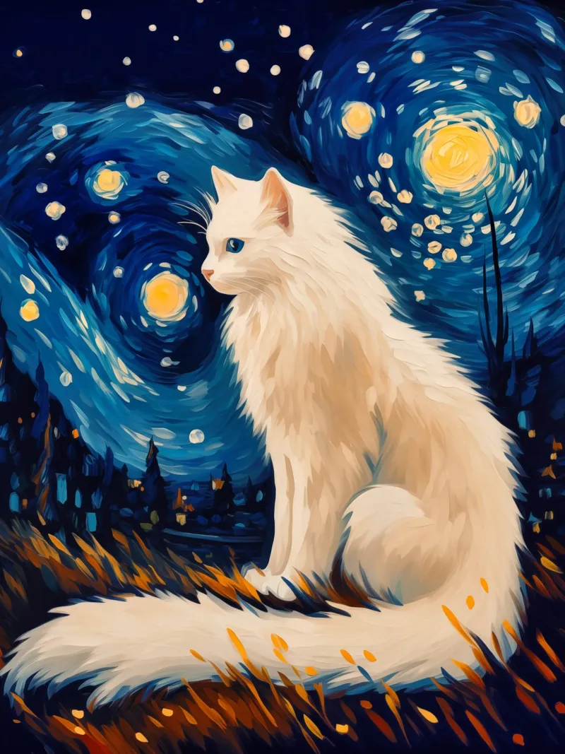 Notte stellata | Gatto bianco nella notte stellata carta hahnemühle da Autofocus