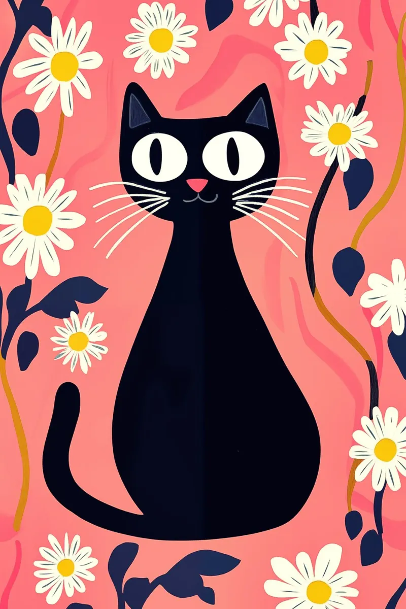 Gatto nero sul prato di fiori rosa poster con telaio in plastica da Autofocus