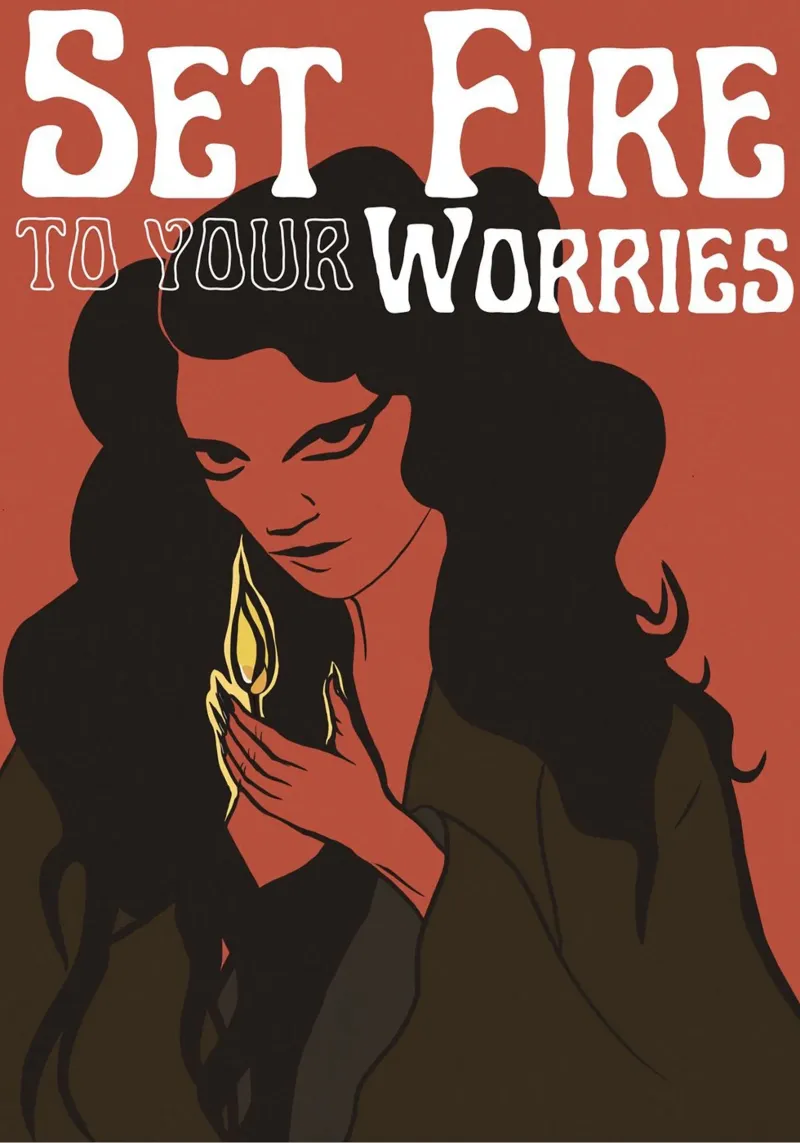 Date fuoco alle vostre preoccupazioni - Illustrazione poster con telaio in legno da Lisa Jureczko Arts Illustration