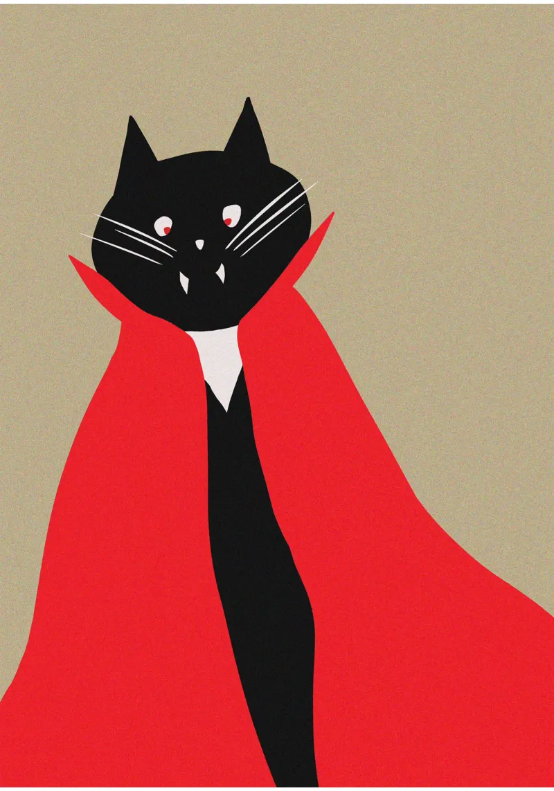 Vampire Black Tuxedo Cat with Red Cape canvas by Lisa Jureczko Arts Illustration