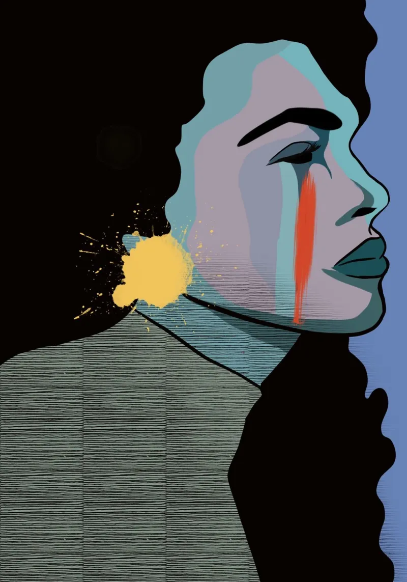 Donna con i capelli neri, ritratto colorato illustrazione poster con telaio in plastica da Lisa Jureczko Arts Illustration