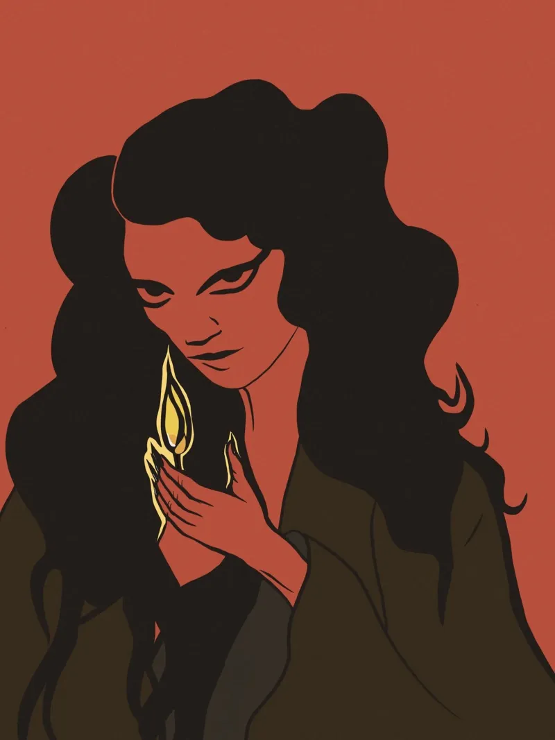 Donna mistica con capelli neri e fiammifero poster con telaio in legno da Lisa Jureczko Arts Illustration