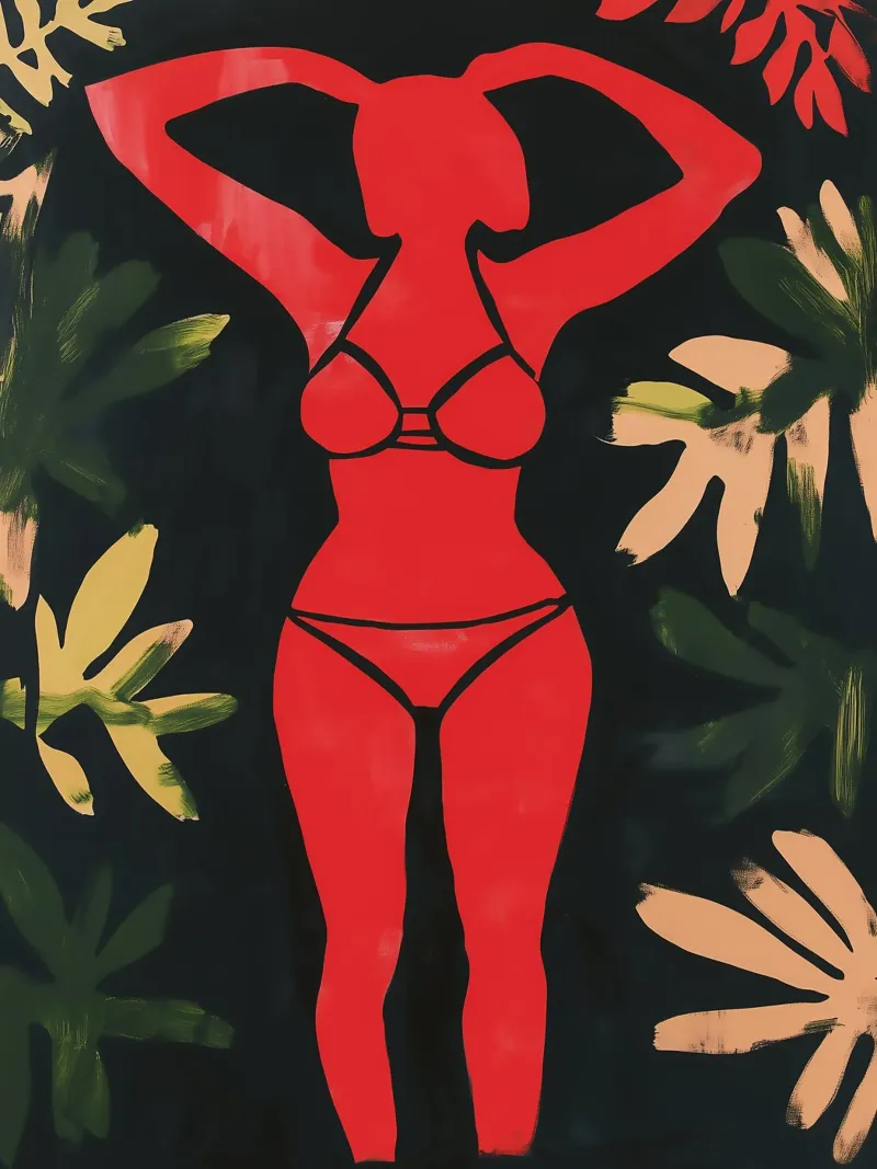 Ragazza decorativa in bikini rosso con piante poster con telaio in plastica da Autofocus