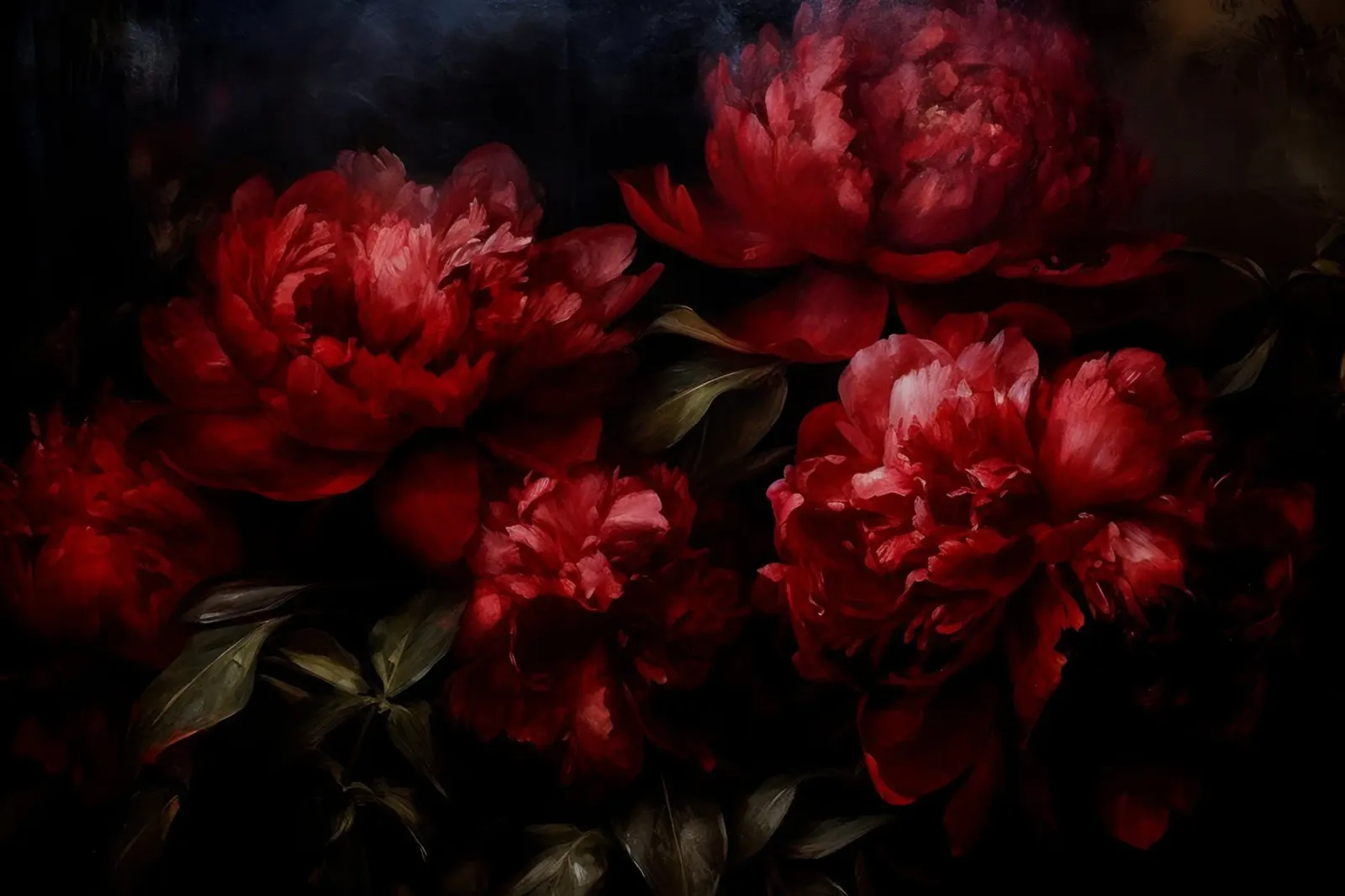 Bouquet di peonie rosse dipinte in velluto barocco borgogna scuro poster con telaio in alluminio da Flower Garden - Uta Naumann