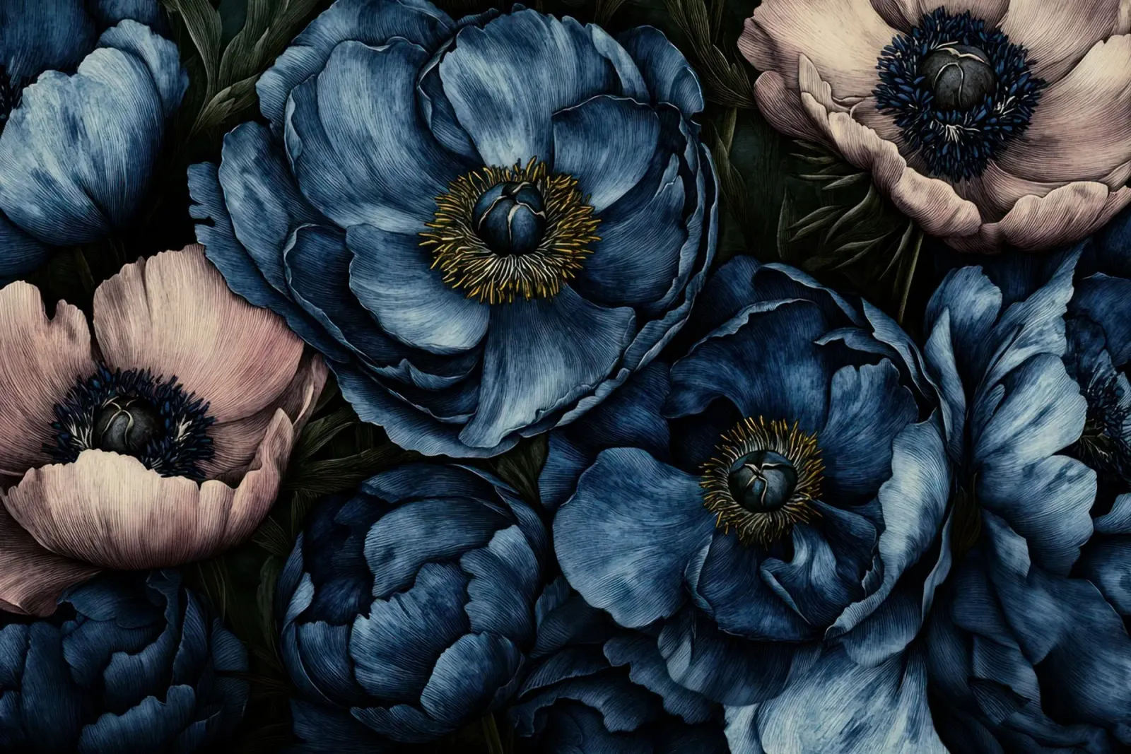Stampa su legno di anemoni e fiori di papavero blu e blu poster con telaio in legno da Flower Garden - Uta Naumann