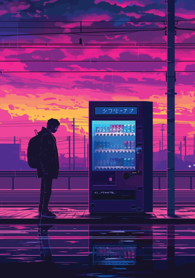 Man Waiting at Train Station with Vending Machine and Neon S canvas by Dreamyart