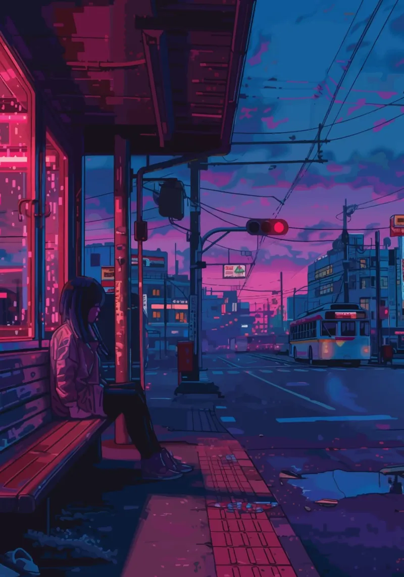 Lonely Figure at Night Bus Stop Cityscape canvas by Dreamyart