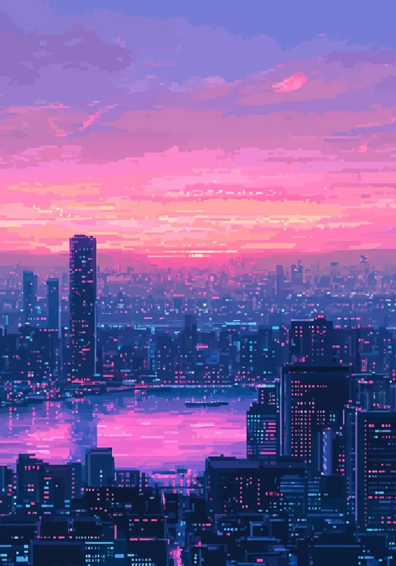 Paesaggio urbano al tramonto Pixel Art poster con telaio in alluminio da Dreamyart