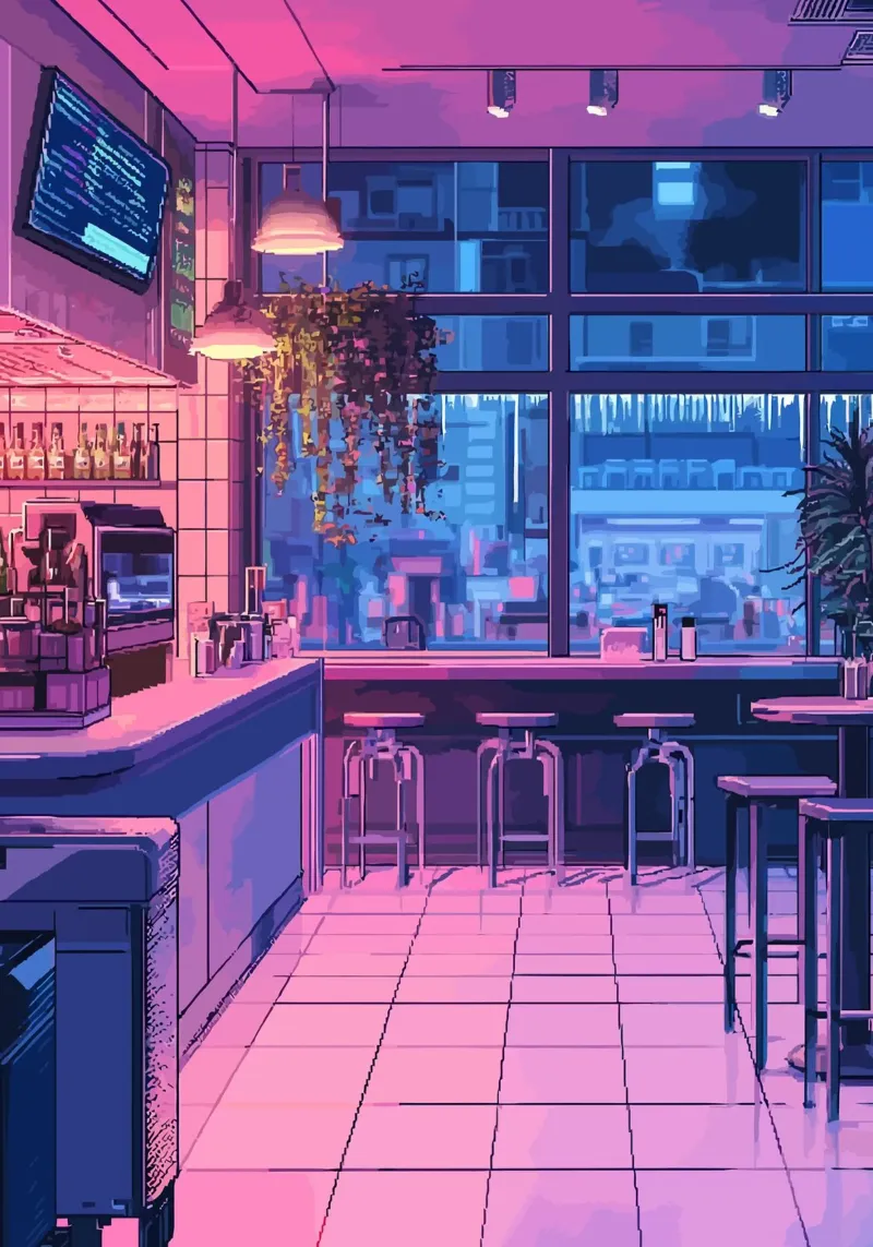Interno di un bar vuoto con vista sulla città di notte pellicola backlit da Dreamyart