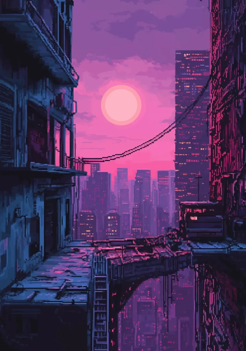 Paesaggio urbano in pixel art con tramonto ed edifici carta hahnemühle da Dreamyart