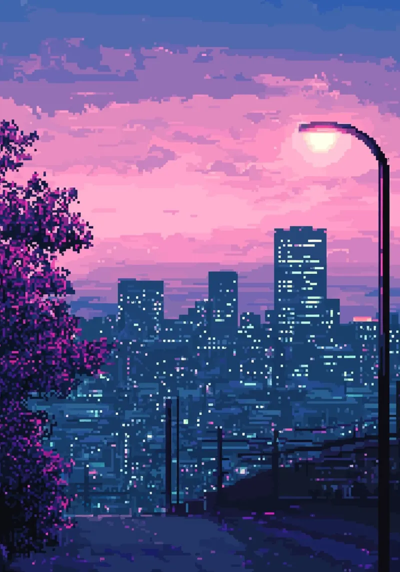 Paysage urbain pixelisé au coucher du soleil avec réverbère alu dibond de Dreamyart