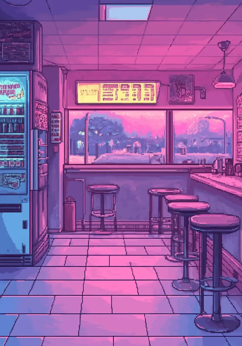 Interno di bar retrò con luci al neon e vista sulla città pellicola backlit da Dreamyart