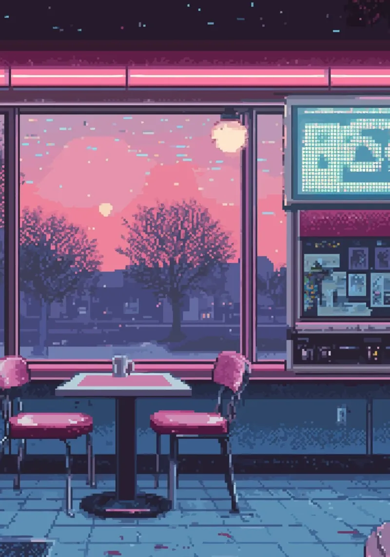 Interno di un diner in pixel art con vista sul tramonto alluminio dibond da Dreamyart