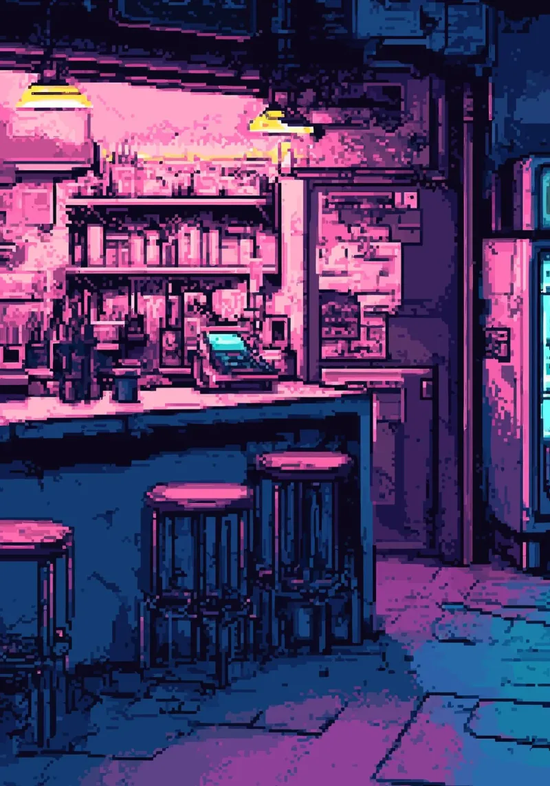 Bar notturno Pixel Art pellicola backlit da Dreamyart