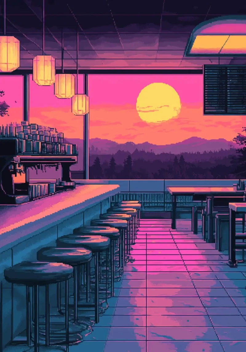 Sunset Bar Interior Design with Bar Stools and View canvas by Dreamyart