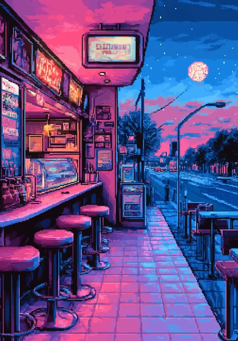 Pixelated Neon City Street Night View acrylic glass by Dreamyart
