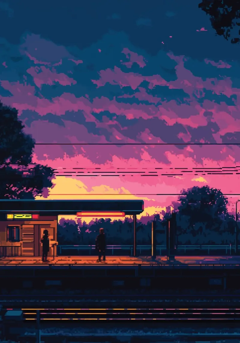 Pixel Art Silueta de estación de tren al atardecer metacrilato de Dreamyart