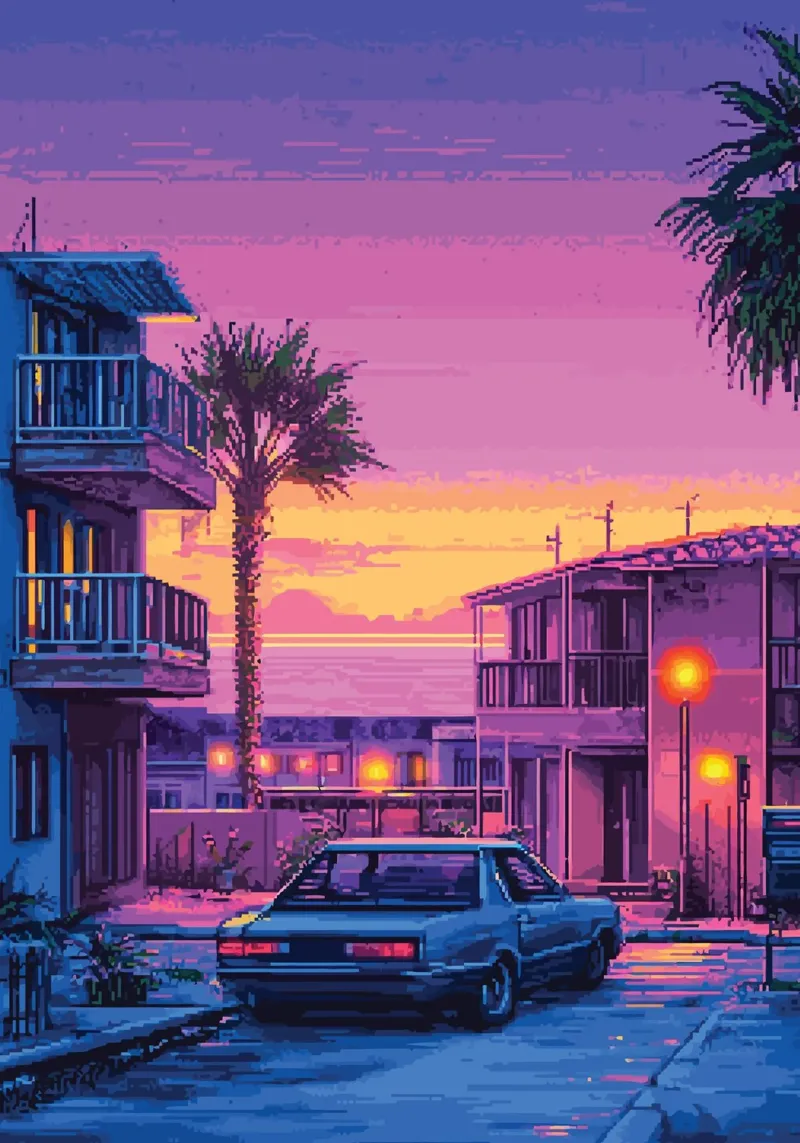Paesaggio urbano retrò pixelato con tramonto e auto pellicola backlit da Dreamyart