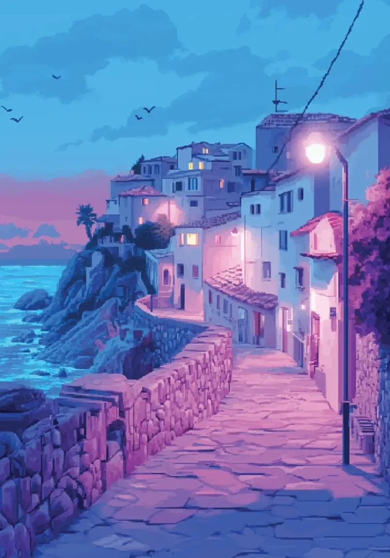 Romantic Sunset Over Coastal Town Street acrylic glass by Dreamyart
