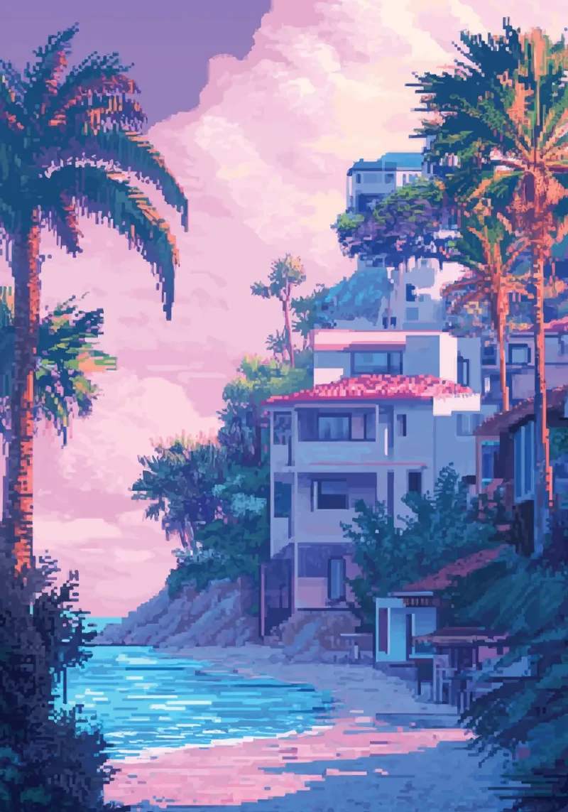 Case sulla spiaggia tropicale con cielo al tramonto poster con telaio in plastica da Dreamyart